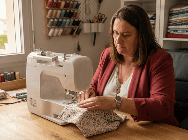 photo de marjorie en train de coudre - atelier couture de marjorie