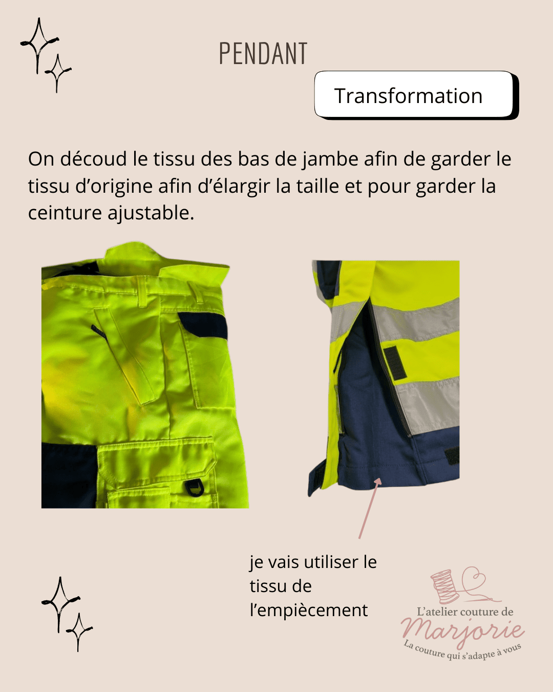 retouche pantalon micky - vue de la découpe bas de jambe - atelier couture de marjorie