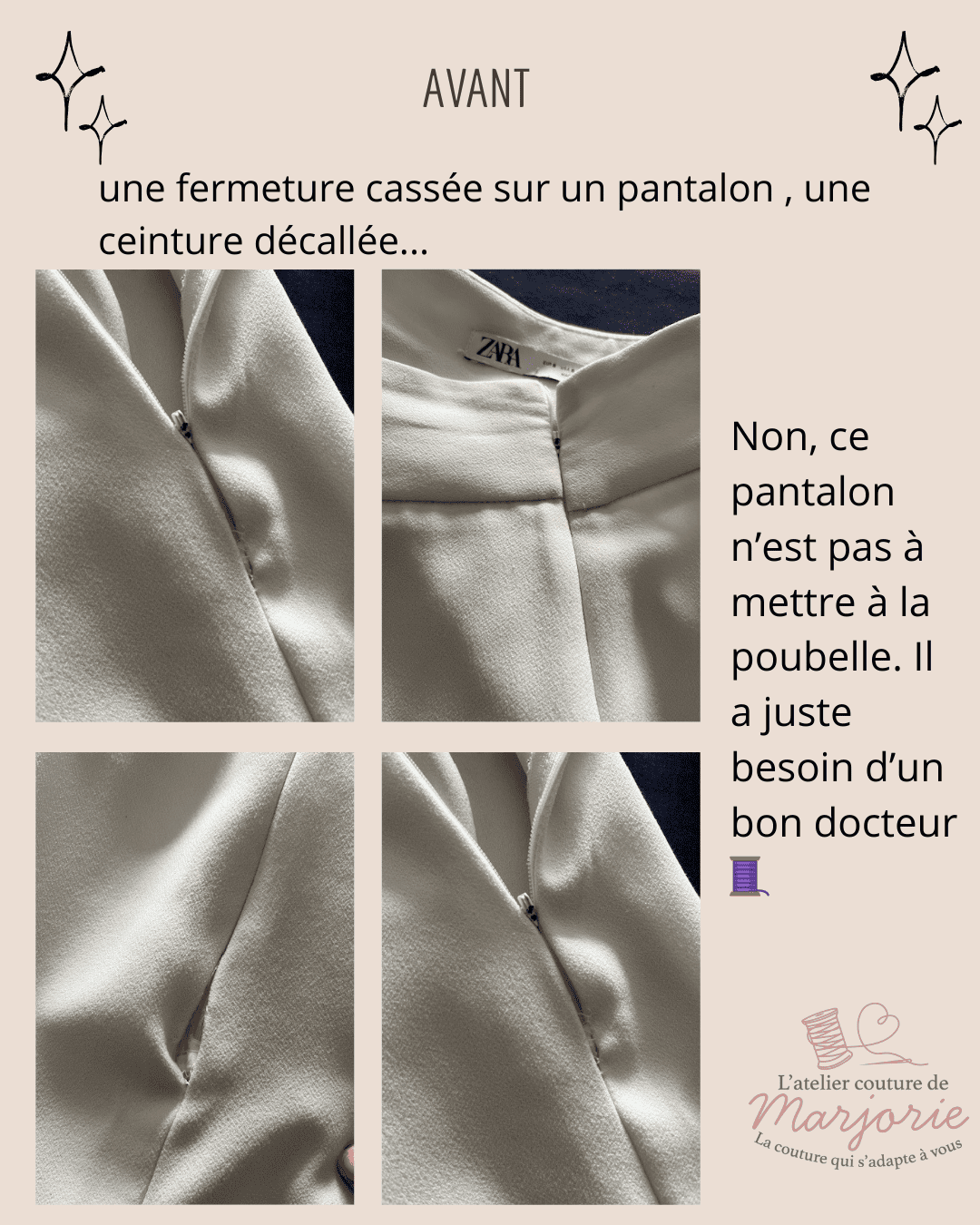 retouches pantalon zip cassé sur le côté - atelier couture de marjorie