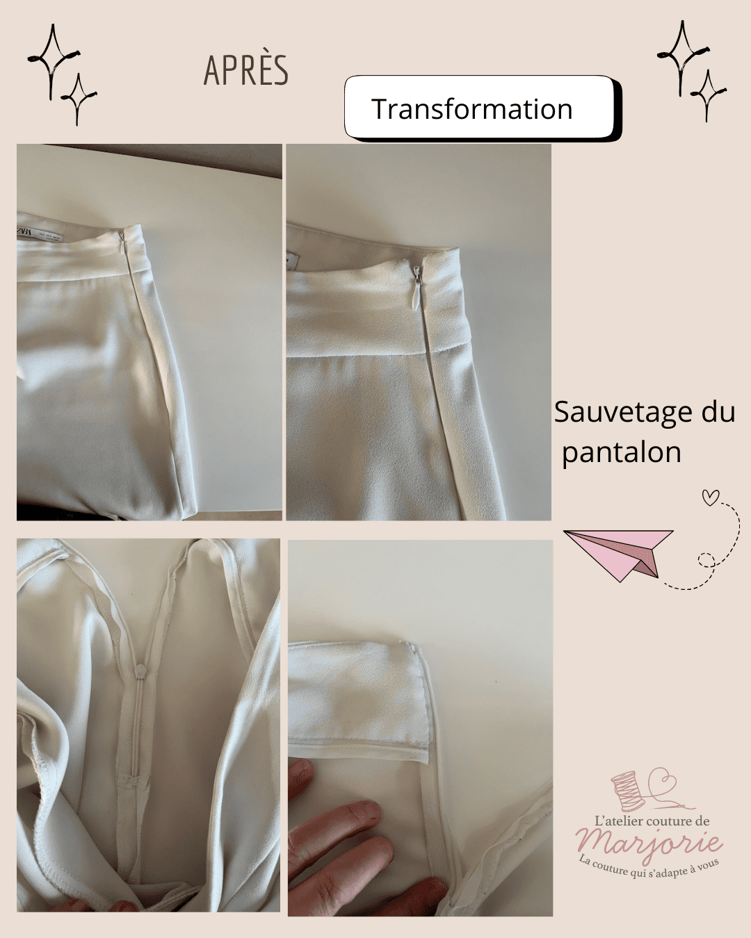 retouches pantalon zip réparé sur le côté - atelier couture de marjorie